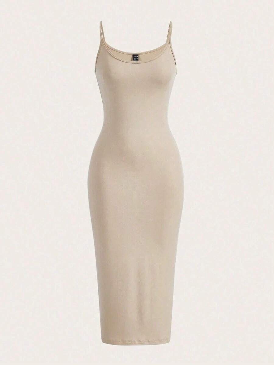 BASICS Vestido casual de cena y citas de unicolor con tirantes de espagueti y silueta ajustada - Albaricoque - Ver 1