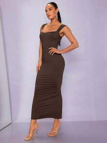 Vestido ajustado unicolor de cuello cuadrado - Marrón Chocolate - Ver 6
