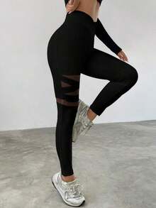 Leggings de cintura alta ajustados con contraste de malla - Negro - Ver 6