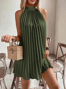 Vestido plisado con hombros abiertos y estampado para vacaciones, conjunto de ropa de playa para vacaciones - Verde militar - Ver 3