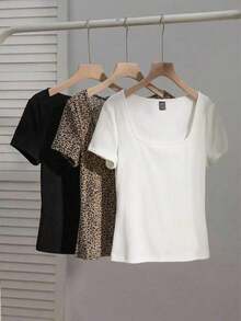Set de 2 camisetas casuales de mujer con cuello cuadrado y manga corta, ajustadas y sexys, adecuadas para el verano - Multicolor 5 - Ver 7
