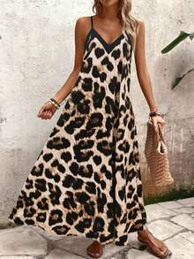 Tall Vestido de línea A con estampado de leopardo para mujer, adecuado para vacaciones y uso diario - Multicolor 2 - Ver 6