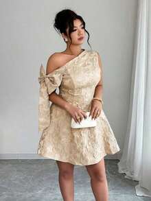 Vestido mini elegante de verano para mujer talla grande, vestido corto de fiesta con tela jacquard, cintura con lazo asimétrico, para boda, reunión, cita - Multicolor - Ver 3