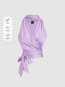 Parte superior de tirantes sin mangas con nudo en la espalda y diseño cruzado en azul claro vintage para mujer - Lila Púrpura - Ver 5