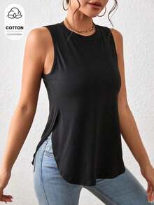 1 pieza Camiseta casual de mujer de cuello redondo y bajo con abertura lateral de un solo color - Negro - Ver 7
