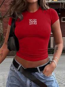 Nueva Ropa 2026 , Camiseta Casual de Manga Corta para Mujer, Verano, con Estampado de Letras, Cuello Redondo, Camisetas Gráficas, Tops para Mujer - Rojo - Ver 8