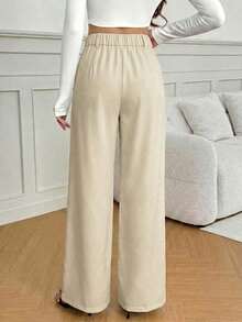 Tall Pantalones anchos de cintura alta de unicolor y versátiles, pantalones de cintura alta de estilo casual de otoño e invierno, pantalones negros de mujer, pantalones negros de vestir de pierna ancha, pantalones negros casuales, pantalones de esti - Beis - Ver 2