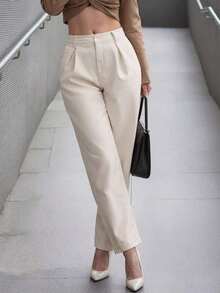 Pantalones rectos de cintura alta de unicolor para mujer, con pliegues, suaves y cómodos, versátiles y elegantes para uso casual urbano, adecuados para uso diario casual, citas, fiestas, San Valentín, carnaval y oficina - Albaricoque - Ver 8