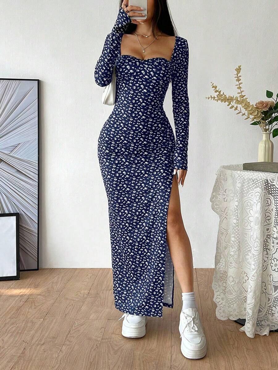 Vestido largo con cuello cuadrado, manga larga y bajo con abertura, estampado de leopardo, para uso casual diario en otoño/invierno - Multicolor 2 - Ver 1