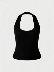 Camiseta sin espalda ajustada de color amarizo sólido con tirantes finos, blusa casual para mujer, adecuada para la playa, el hogar y el uso diario en verano - Negro - Ver 6