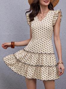 Vestido Floral De Estilo Romántico Con Volantes En Los Orificios De Los Brazos, Con Corte Asimétrico Y Detalles Decorativos De Volantes En Capas - Albaricoque - Ver 3