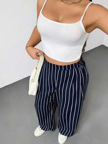 Pantalones anchos de pierna ancha a rayas blancas y negras con cintura elástica, cómodos y sueltos, de estilo básico diario, para mujeres de talla grande, estilo "Old Money", para mujeres, para la oficina, pantalones holgados, para el verano, - Azul marino - Ver 4