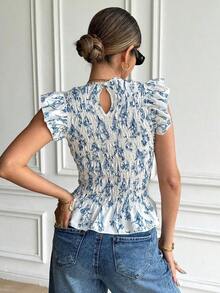 Blusa de manga corta con cuello redondo, volantes y estampado floral para vacaciones de mujer - Azul - Ver 2