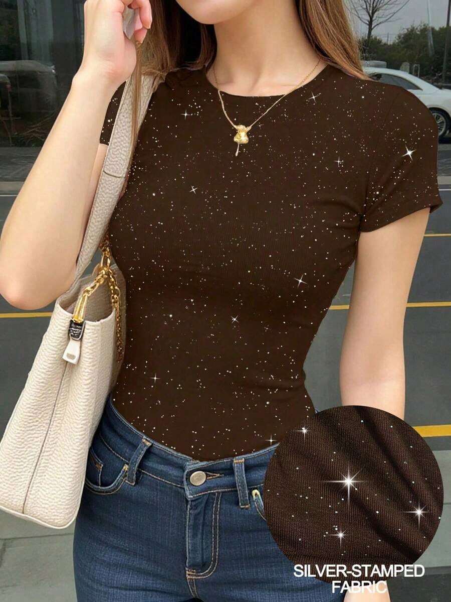 Camiseta casual de manga corta y cuello redondo ajustada para mujer, color café - Café integral 3 - Ver 1