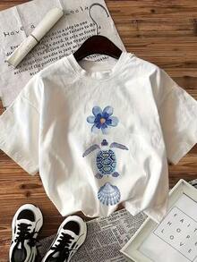 Short-Sleeved T-Shirt With Turtle And Shell Print. Single Garment, Not A 3-Piece Set. 1 Piece/Set Of Short-Sleeved T-Shirts Suitable For Streetwear. Oversized Crew Neck Top For Daily Outings, Camping, Concerts, Hip-Hop, Rock, And Rap Events. New Loose And Casual T-Shirt With A Cute Design For Women, Vacation Style With A Crew Neck, Everyday Fashion, Suitable For Valentine's Day, Back To School, Teacher's Day, And Other Holidays. Summer - 白色 - 查看 2