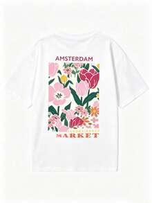 Floral Print Short-Sleeve T-Shirts, New. Single Garment, Not A 3-Piece Set. 1 Piece/Set Of Short-Sleeve T-Shirts Suitable For Streetwear. Oversized Round Neck Top For Daily Outings, Camping, Concerts, Hip-Hop, Rock, And Rap Events. Casual And Loose-Fitting Vacation-Style Blouses With A Round Neck And Cute Designs. Fashionable Everyday Tops, Suitable For Holidays Such As Valentine's Day, Back To School, And Teacher's Day. Letter Print, Soft, Loose, And Comfortable. Casual Short-Sleeve Vacation Tops For Summer. - 白色 - 查看 2