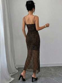 Vestido de largo medio con estampado de leopardo, encaje y parches, de tela elástica, sin espalda, vestido romántico y sexy, adecuado para uso diario, trabajo, vacaciones, fiesta y citas - Marrón - Ver 2