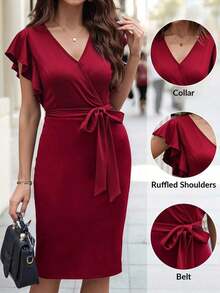 Vestido midi con estampado floral y cuello en V con mangas cortas, elegante para vacaciones - Rosa Roja - Ver 1