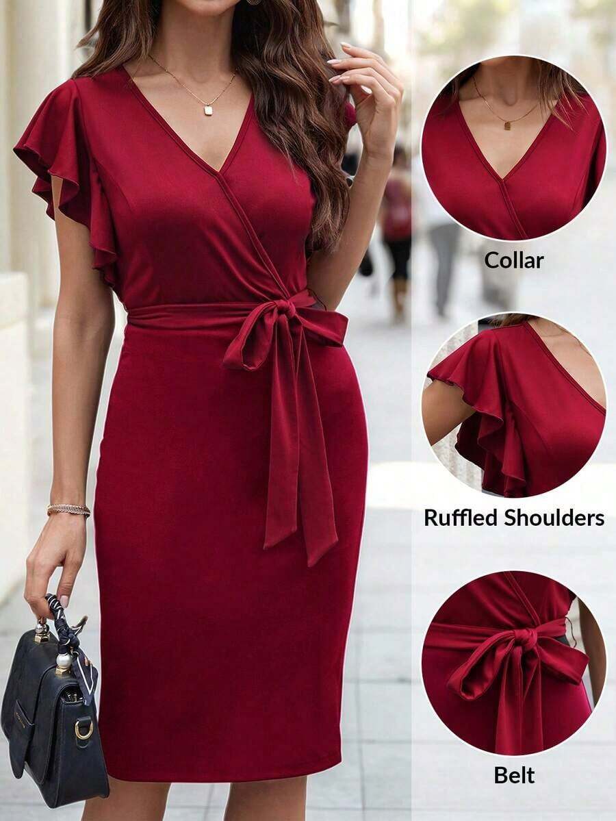 Vestido midi con estampado floral y cuello en V con mangas cortas, elegante para vacaciones - Rosa Roja - Ver 1