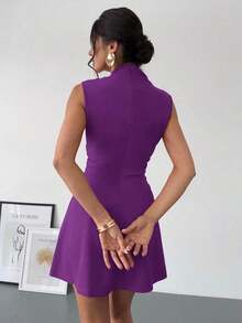 Vestido mini plisado de línea A elegante, minimalista, delicado, romántico y dulce para uso diario, boda, fiesta, festival de música y vacaciones, con camisola roja - Morado - Ver 4