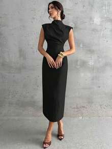 Vestido largo de mujer elegante y casual para uso diario, viajes y moda, con cuello mao, mangas drapeadas y cintura ceñida en color albaricoque - Negro - Ver 3