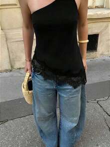 Nueva llegada Primavera/Verano Elegante Top casual de lino color albaricoque con cintura fruncida, bajo asimétrico y espalda descubierta - Negro - Ver 4