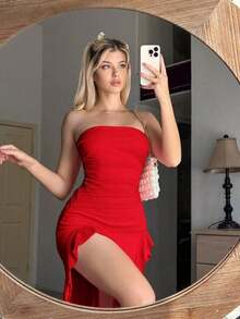 Vestido tubo fruncido bajo asimétrico - Rojo - Ver 4