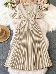 Vestido largo de mujer con estilo informal, lazo, pliegues y manga corta - Albaricoque - Ver 6
