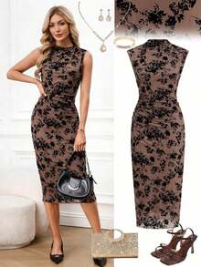 Vestido elegante de longitud media con pliegues y estampado de lunares para mujer - Marrón - Ver 7