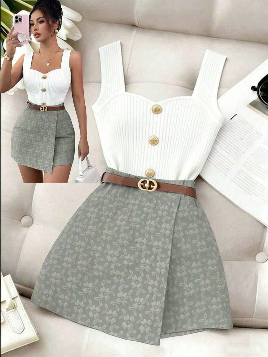 Falda pantalón elegante de unicolor con textura jacquard, para el Día de San Valentín - Verde - Ver 1