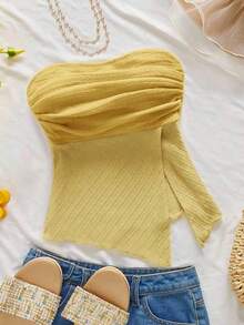 tubo fruncido de estilo elegante, romántico y elegante en color amarillo, apropiado para fiestas, vacaciones en la playa, regreso a la escuela, citas románticas, temporada de bodas, cumpleaños, Pascua, vestimenta de primavera/verano - amarillo ganso - Ver 1