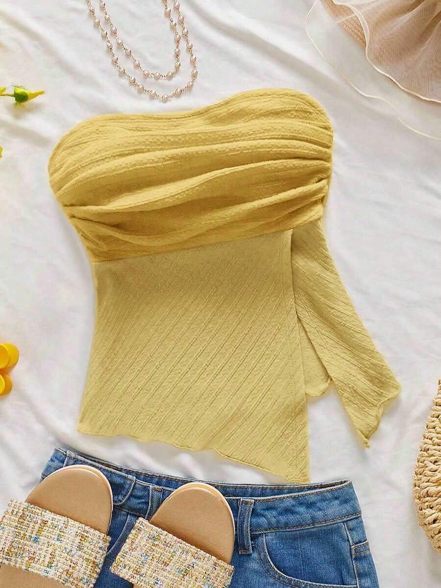 tubo fruncido de estilo elegante, romántico y elegante en color amarillo, apropiado para fiestas, vacaciones en la playa, regreso a la escuela, citas románticas, temporada de bodas, cumpleaños, Pascua, vestimenta de primavera/verano - amarillo ganso - Ver 1