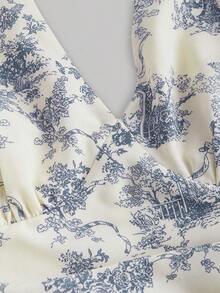 Vestido de mujer de moda con estampado total, cuello halter y lazo en la cintura, de largo medio - Azul y blanco - Ver 3