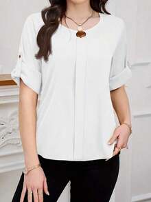 Clasi Blusa casual sencilla para uso diario con cuello redondo, manga corta y botones delanteros para mujer - Blanco - Ver 4