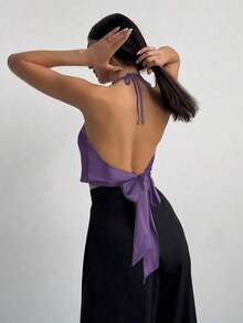 Camiseta de tirantes con cuello halter y bajo asimétrico para mujer - Morado - Ver 6