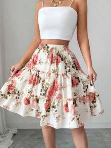 Falda de línea A con volantes y forro, diseño floral de rosas rosas y florecitas, elegante y nueva para la primavera/verano 2026 de Jfghh para mujer, adecuada para mujeres de 20 a 35+ años para ocasiones casuales, vacaciones, playa, citas, o para ir al trabajo (estampado aleatorio). - Multicolor - Ver 11