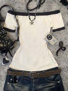 Camiseta de manga corta ajustada con hombros descubiertos, estilo casual y retro, impresa con "NEW YORK", adecuada para uso diario, ir y venir, fiestas, reuniones y ocasiones de vuelta al colegio. - Multicolor 4 - Ver 2