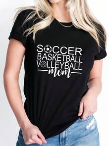 Playera deportiva casual con estampado de letras para mujer, cuello redondo, manga corta, gráfico "Mamá de fútbol, baloncesto, voleibol", top de verano - Negro - Ver 6