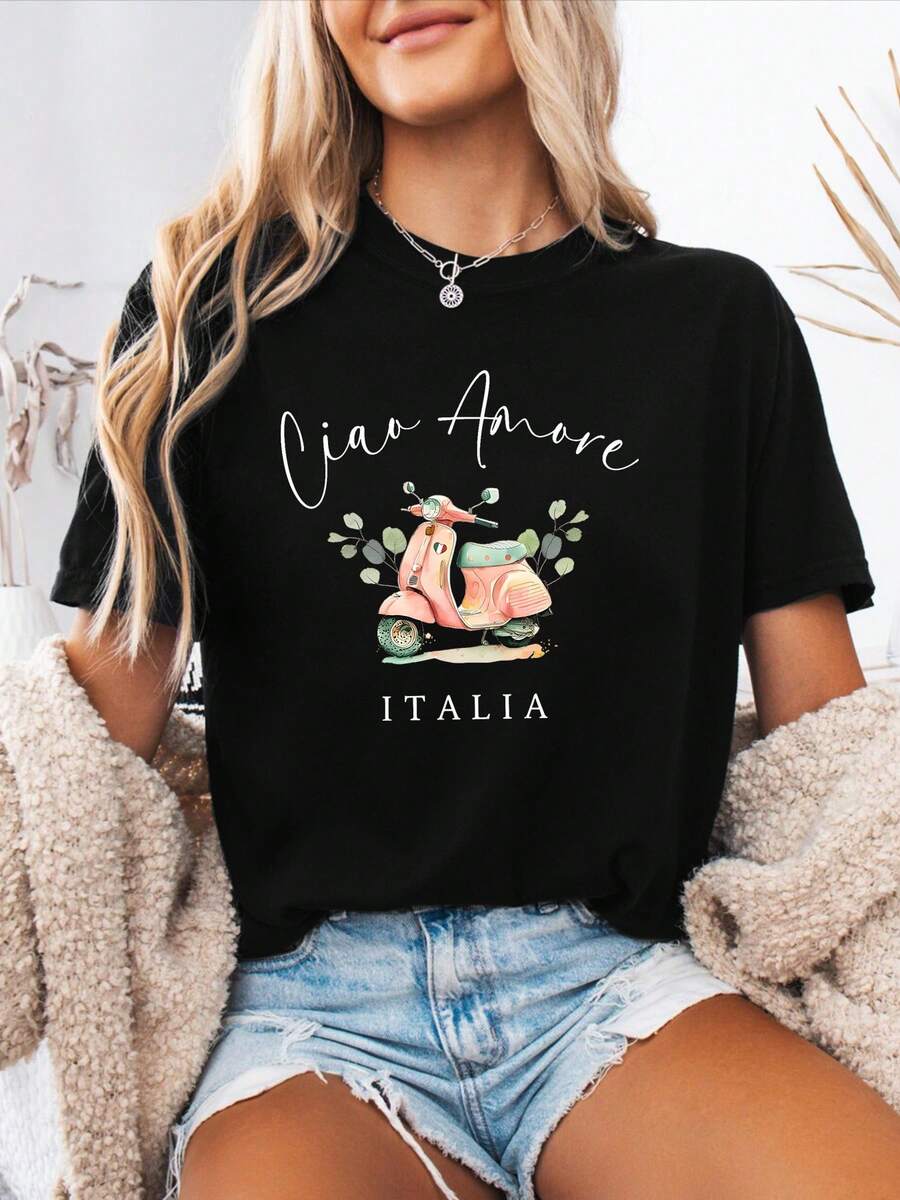 Camiseta de Mujer con Letras Italianas - Estampado de la Frase Italiana "Perdono Chiami" - Blusa de Manga Corta - Top Casual de Cuello Redondo para Primavera y Verano - Esencial para Atuendos Casuales y Eventos Temáticos - Ropa en Idioma Italiano Lavable a Máquina - Negro - Ver 1