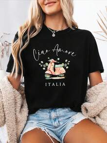 Camiseta de Mujer con Letras Italianas - Estampado de la Frase Italiana "Perdono Chiami" - Blusa de Manga Corta - Top Casual de Cuello Redondo para Primavera y Verano - Esencial para Atuendos Casuales y Eventos Temáticos - Ropa en Idioma Italiano Lavable a Máquina - Negro - Ver 6