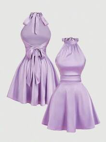 MOD Vestido mini con espalda descubierta, retorcido y fruncido en unicolor para mujer, vestidos de otoño para mujer, vestido, vestido, Acción de Gracias, vestidos elegantes para fiesta, vestido de invitada de boda, vestido de graduación, vestido de gala, vestido de noche elegante para boda - Morado - Ver 1