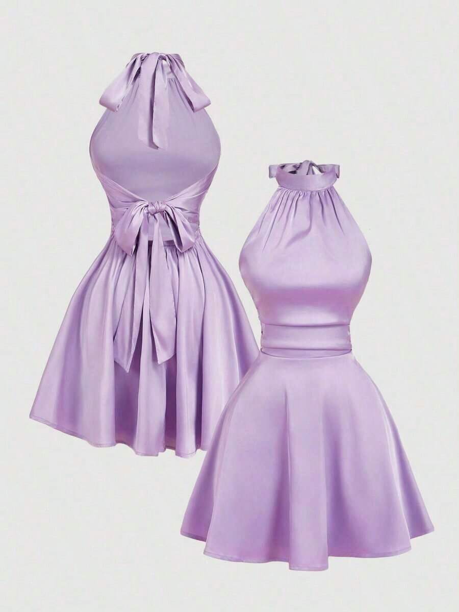 MOD Vestido mini con espalda descubierta, retorcido y fruncido en unicolor para mujer, vestidos de otoño para mujer, vestido, vestido, Acción de Gracias, vestidos elegantes para fiesta, vestido de invitada de boda, vestido de graduación, vestido de gala, vestido de noche elegante para boda - Morado - Ver 1
