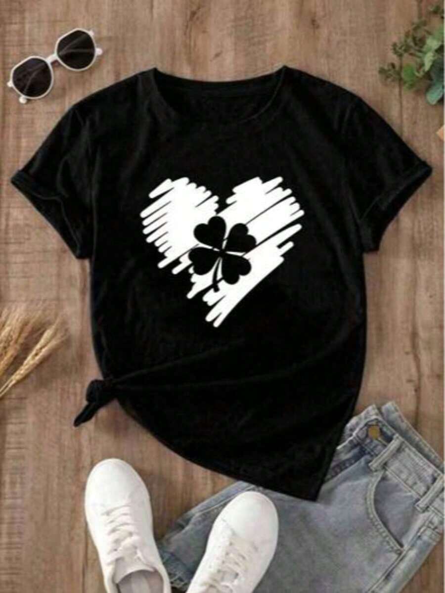 100% cotton Blusa casual para mujer de moda con cuello redondo, manga corta y estampado de corazon con trebol en medio - Negro - Ver 1