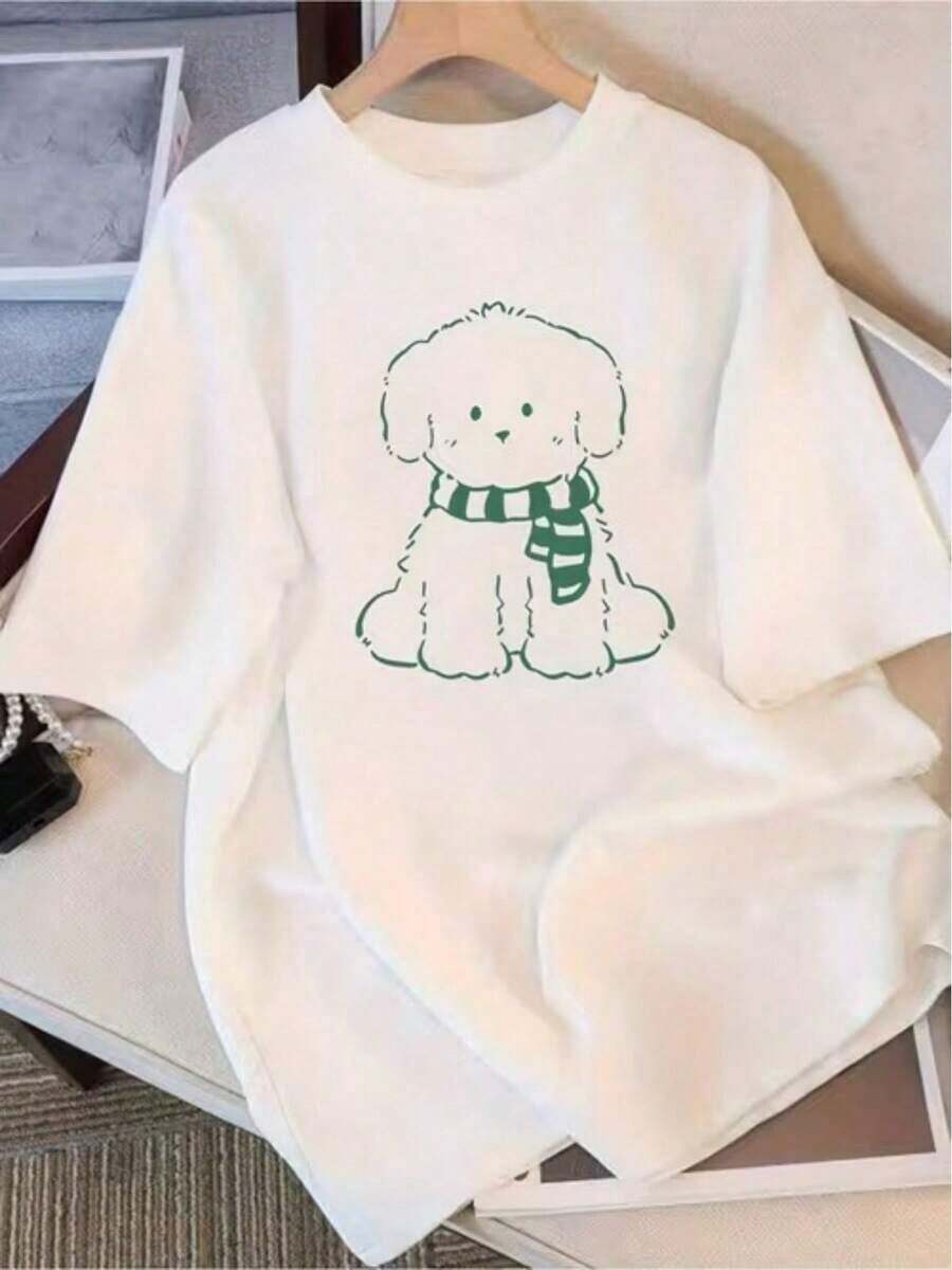 Women's 100% Cotton T-Shirt With Graphic Print Of A Cute Puppy With A Striped Scarf. - 白色 - 查看 1