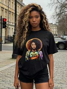 Women's Clothing, Soft And Casual Cotton Summer T-Shirt With Round Neck, Letter Print Pattern Featuring The African American Female Figure And History Month. Color: Black. - 黑色 - 查看 1