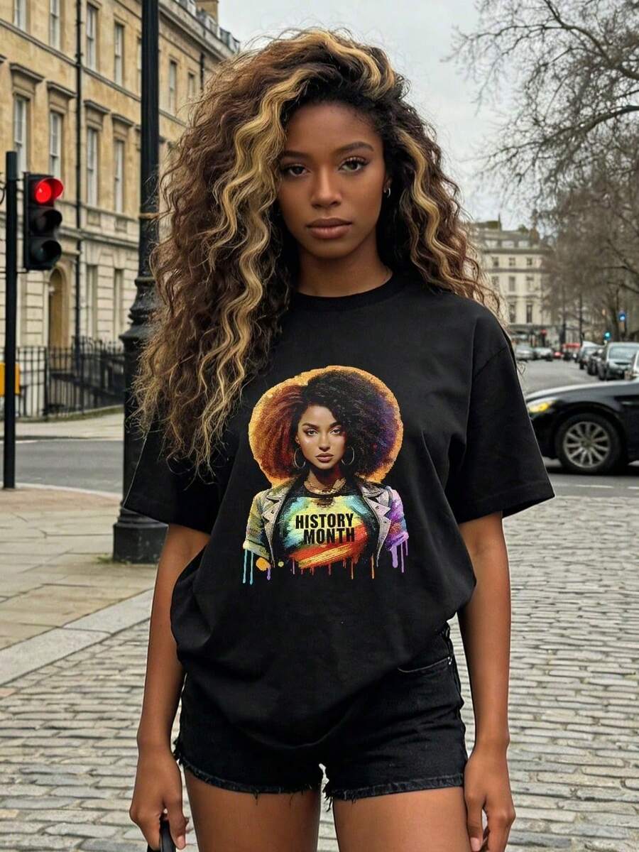 Women's Clothing, Soft And Casual Cotton Summer T-Shirt With Round Neck, Letter Print Pattern Featuring The African American Female Figure And History Month. Color: Black. - 黑色 - 查看 1