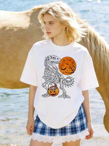 Women's Soft And Casual Short-Sleeved Crew Neck T-Shirt, Ideal For Summer, With Halloween Designs: Jack-O'-Lantern, Tyrannosaurus Rex, Christmas Candy, "Trick Or Treat", Western Holiday, Urban Style, Loungewear, Halloween Skeleton T-Shirt With T-Rex Design And Candy Bucket With Pumpkin. White Color. - 白色 - 查看 2