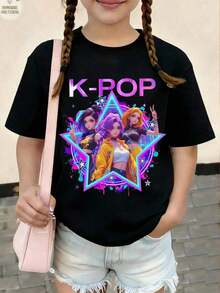 Sparklyn Black Short Sleeve Crew Neck Graphic Tee For Preteen Girls, Casual, Comfortable, And Fashionable Minimalist Graphic Tee, Versatile, With Cartoon, Creative, Fun, Celebrity, Anime, And  Prints, 100% Cotton - 4 - 查看 1