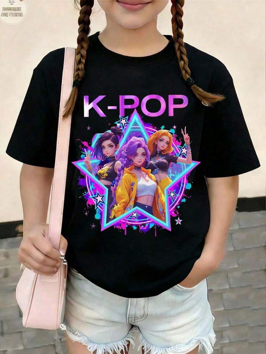 Sparklyn Black Short Sleeve Crew Neck Graphic Tee For Preteen Girls, Casual, Comfortable, And Fashionable Minimalist Graphic Tee, Versatile, With Cartoon, Creative, Fun, Celebrity, Anime, And Prints, 100% Cotton - 4 - 查看 1