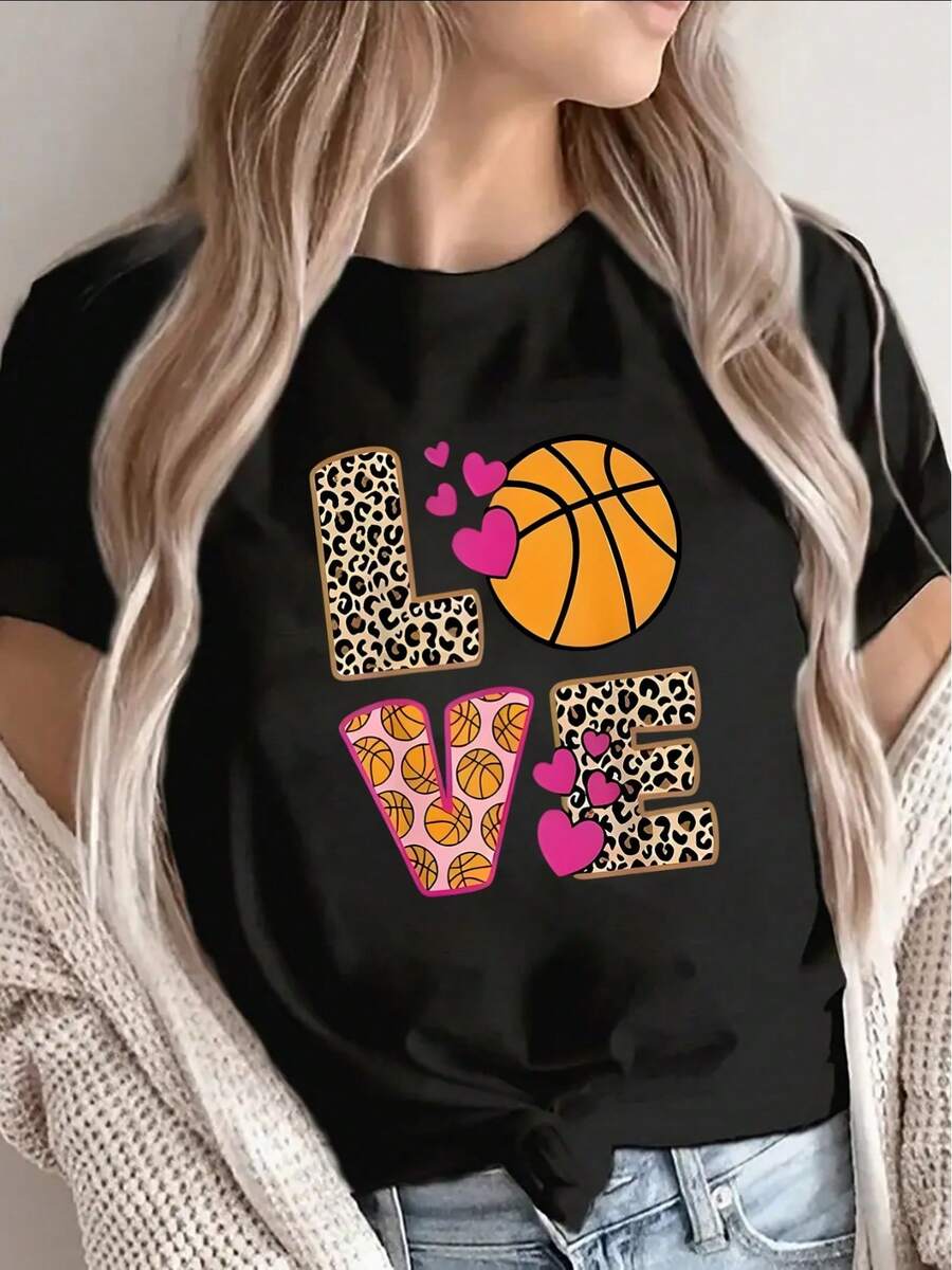 1 camiseta de manga corta, ligera y duradera, estampada con un tema de baloncesto para entusiastas. Adecuado para el ocio en casa, el gimnasio o para salir, con estampado de leopardo y diseños de corazones, es perfecto para los amantes del deporte y para la comodidad diaria. 180g 100% Algodón - Negro - Ver 1